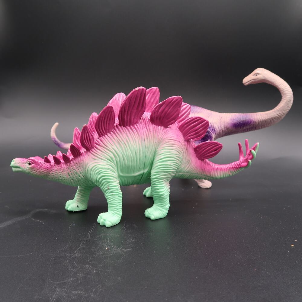 Ankyo Dinosaur Toys Set of 2 Plastic Lime Pink Stegosaurus & Purple Brontosaurus